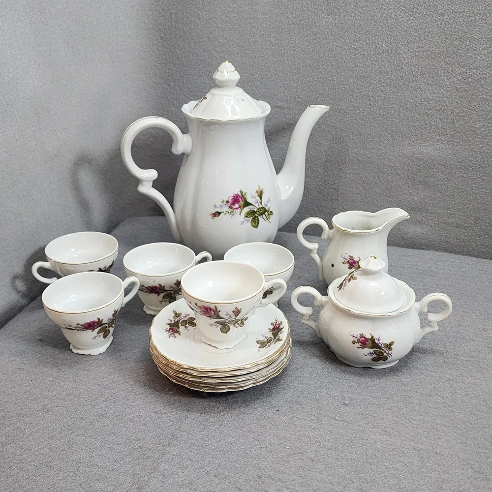 Thames Tea Set White Pink Rose Floral Hand Painted Gold‎ Trim Japan 13pc Set
